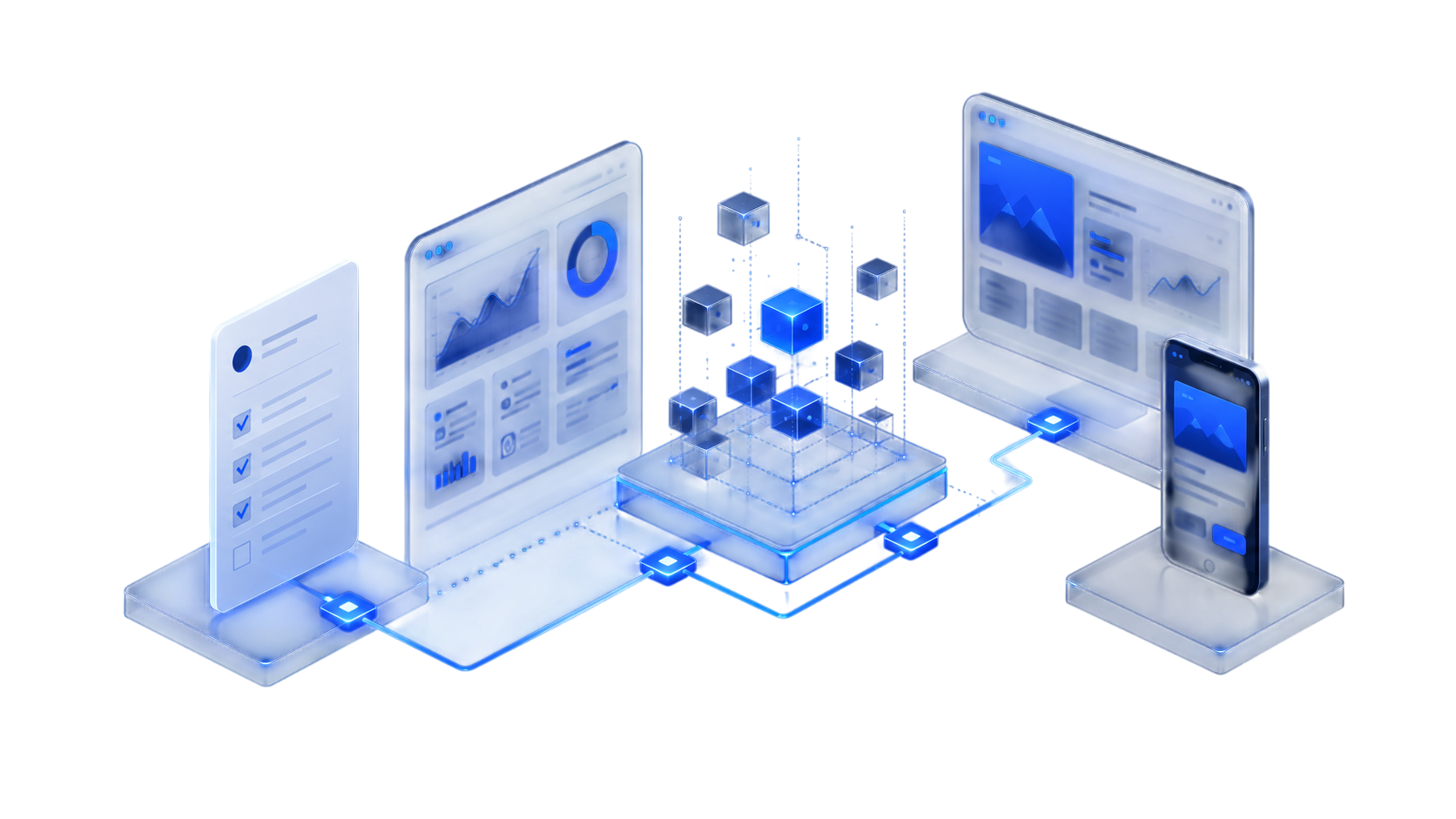 Illustrated path from a product brief through interface design and engineering to released web and mobile products